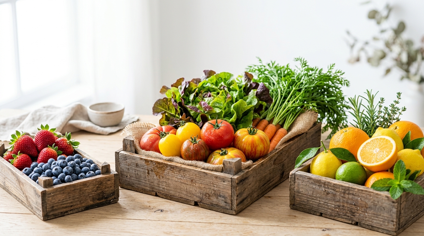 Selección de frutas y verduras frescas de temporada Valle Verde